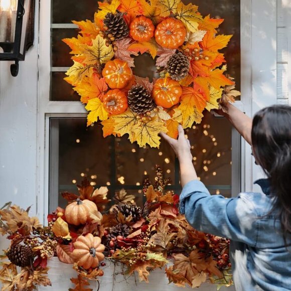 Fall Wreaths for Front Door, 20" Autumn Wreath with Hangers, Large Silk Maple - Picture 3 of 6